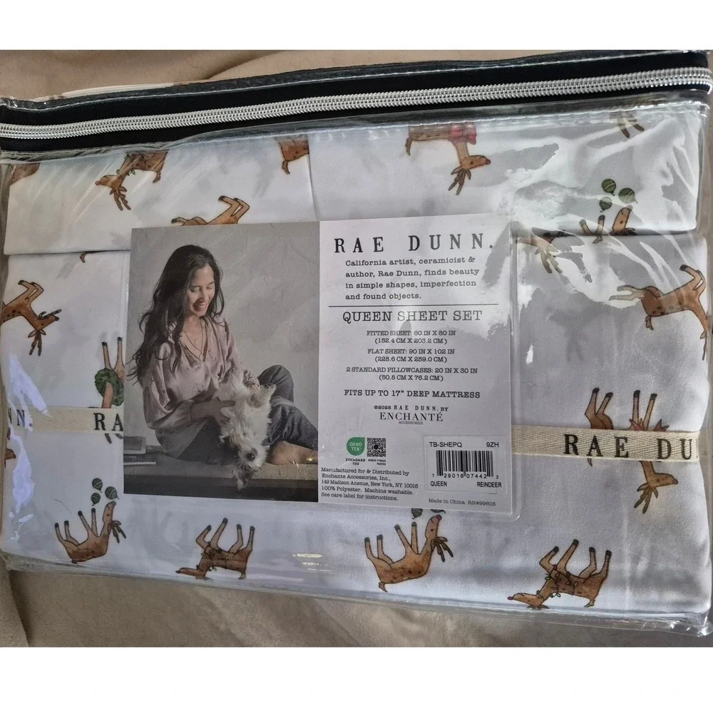 Rae Dunn Queen Sheet Set Reindeer Christmas Holiday Easy Care Super Soft